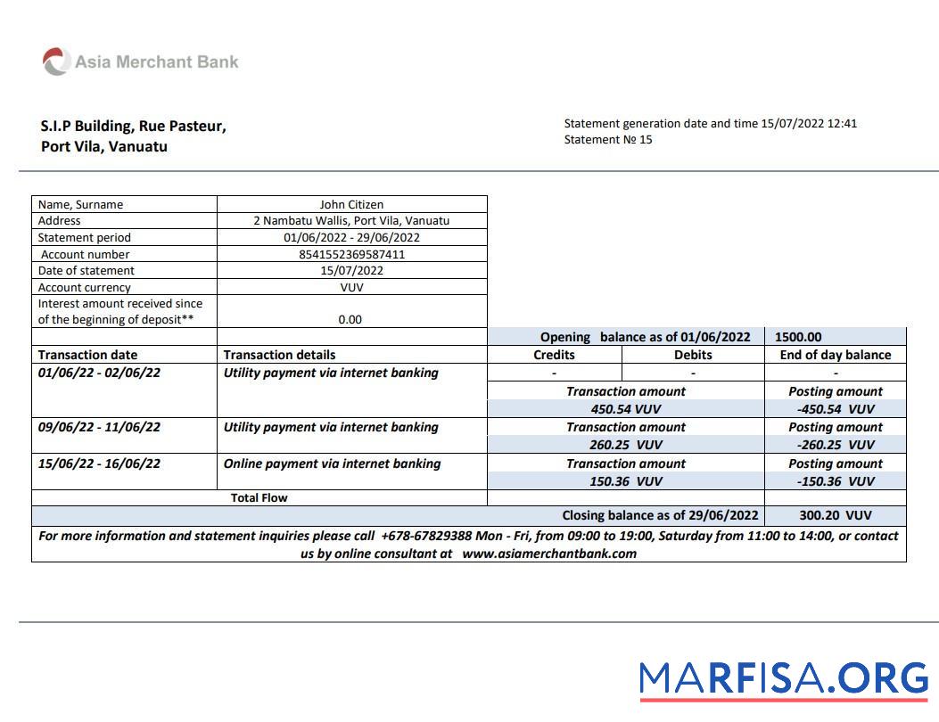 Printable Vanuatu Asia Merchant bank statement word sample